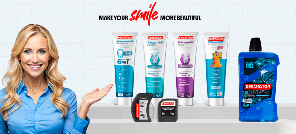 a group of Dentalclean toothpaste tubes and a blonde girl showing it with her hand